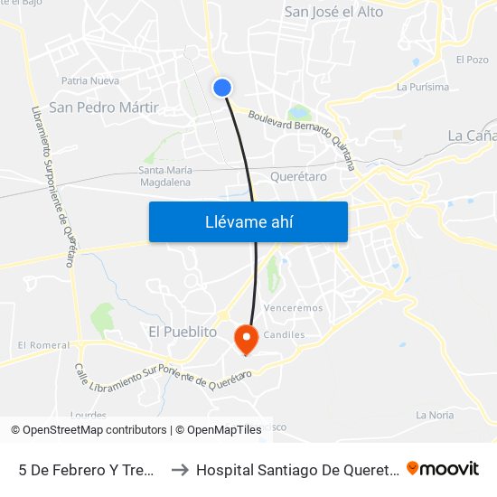 5 De Febrero Y Tremec to Hospital Santiago De Queretaro map