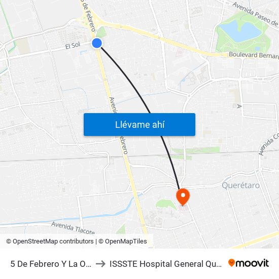 5 De Febrero Y La Obrera to ISSSTE Hospital General Queretaro map