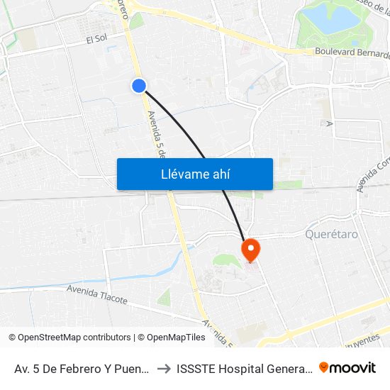 Av. 5 De Febrero Y Puente De Mabe to ISSSTE Hospital General Queretaro map