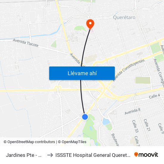 Jardines Pte - Ote to ISSSTE Hospital General Queretaro map