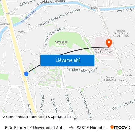 5 De Febrero Y Universidad Autonoma De Qro. to ISSSTE Hospital General map