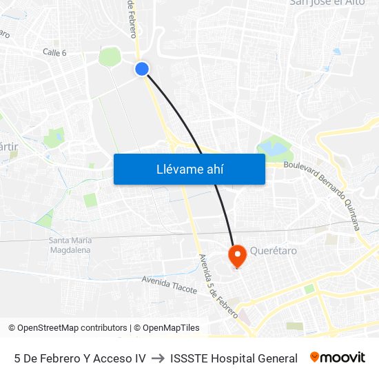 5 De Febrero Y Acceso IV to ISSSTE Hospital General map