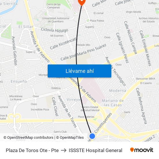 Plaza De Toros Ote - Pte to ISSSTE Hospital General map