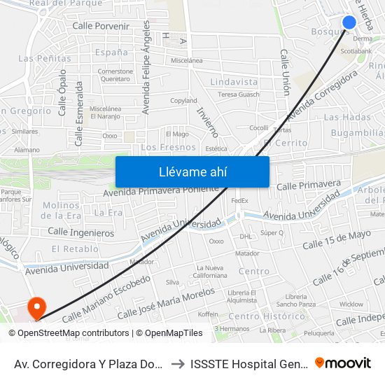 Av. Corregidora Y Plaza Dorada to ISSSTE Hospital General map