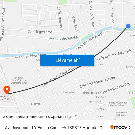 Av. Universidad Y Emilio Carranza to ISSSTE Hospital General map