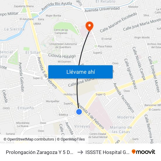 Prolongación Zaragoza Y 5 De Febrero to ISSSTE Hospital General map