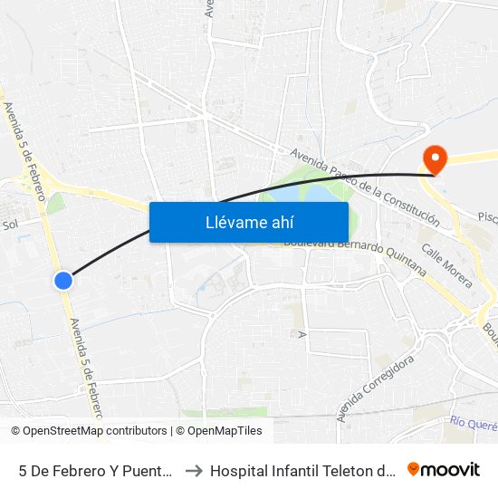 5 De Febrero Y Puente De Mabe to Hospital Infantil Teleton de Oncología map