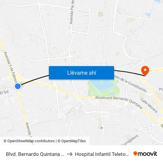 Blvd. Bernardo Quintana Y 5 De Febrero to Hospital Infantil Teleton de Oncología map