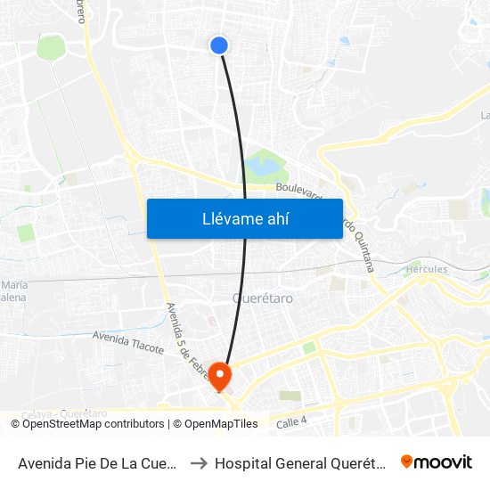 Avenida Pie De La Cuesta to Hospital General Querétaro map