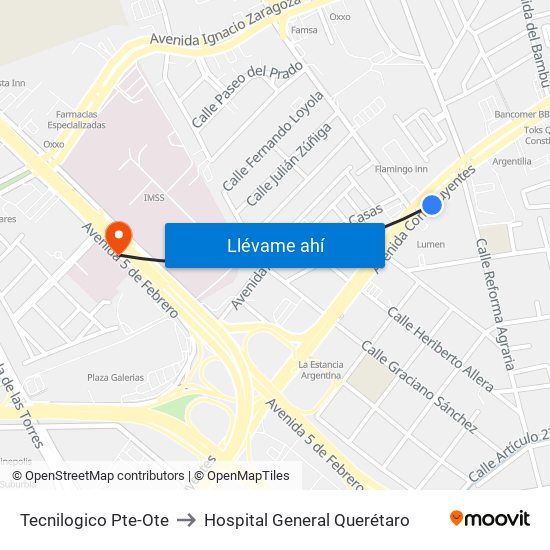 Tecnilogico Pte-Ote to Hospital General Querétaro map