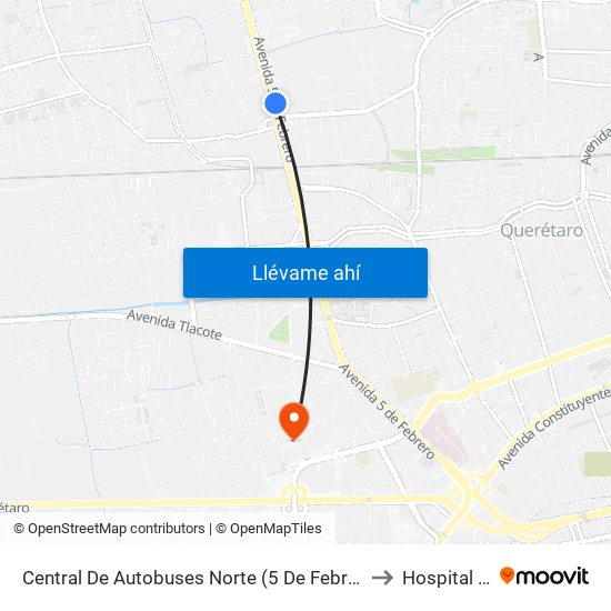 Central De Autobuses Norte (5 De Febrero Y Epigmenio González) to Hospital Angeles map