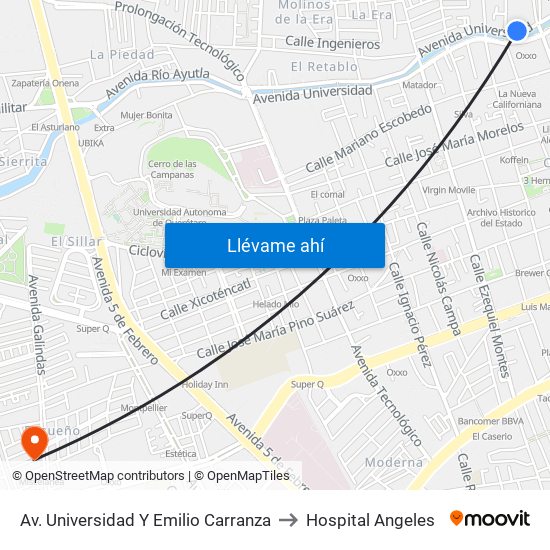 Av. Universidad Y Emilio Carranza to Hospital Angeles map