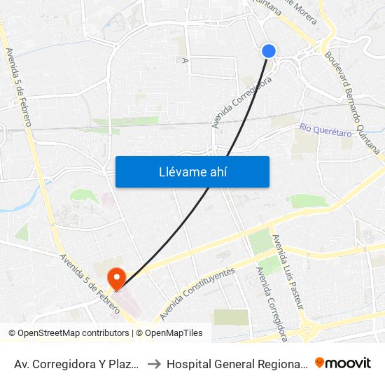 Av. Corregidora Y Plaza Dorada to Hospital General Regional #1 IMSS map