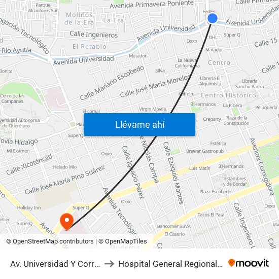 Av. Universidad Y Corregidora to Hospital General Regional #1 IMSS map