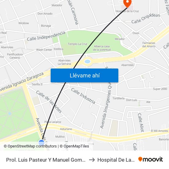 Prol. Luis Pasteur Y Manuel Gomez Morin to Hospital De La Cruz map