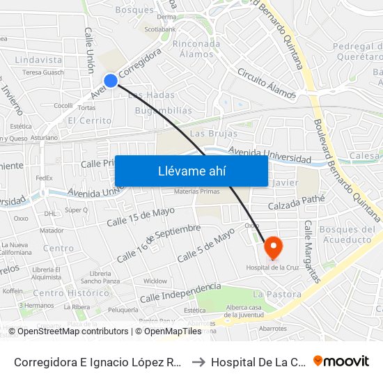 Corregidora E Ignacio López Rayón to Hospital De La Cruz map
