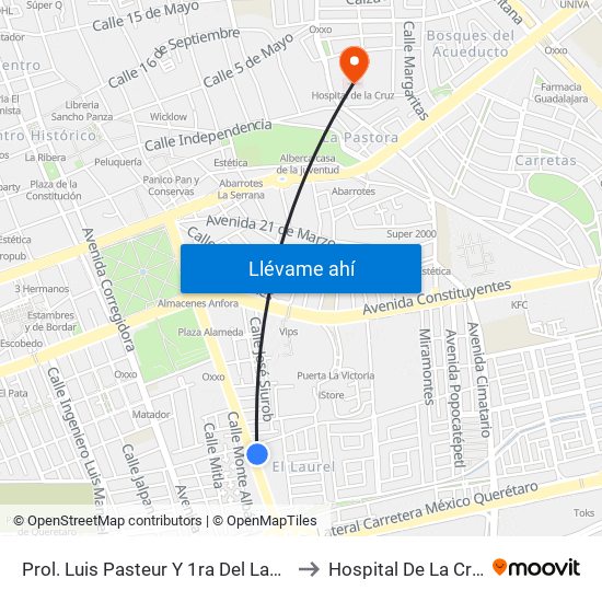 Prol. Luis Pasteur Y 1ra Del Laurel to Hospital De La Cruz map