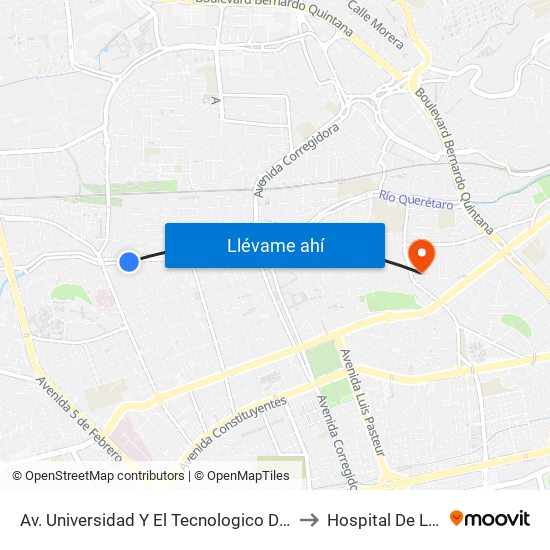 Av. Universidad Y El Tecnologico De Queretaro to Hospital De La Cruz map