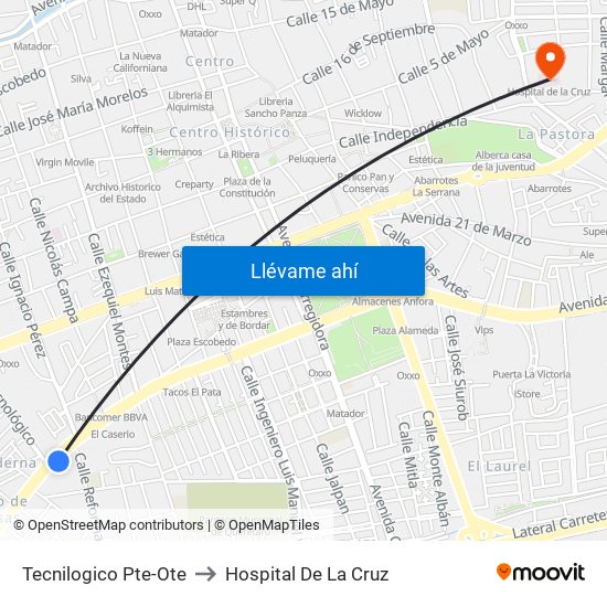 Tecnilogico Pte-Ote to Hospital De La Cruz map