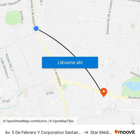Av. 5 De Febrero Y Corporativo Santander to Star Médica map