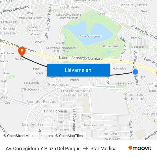 Av. Corregidora Y Plaza Del Parque to Star Médica map
