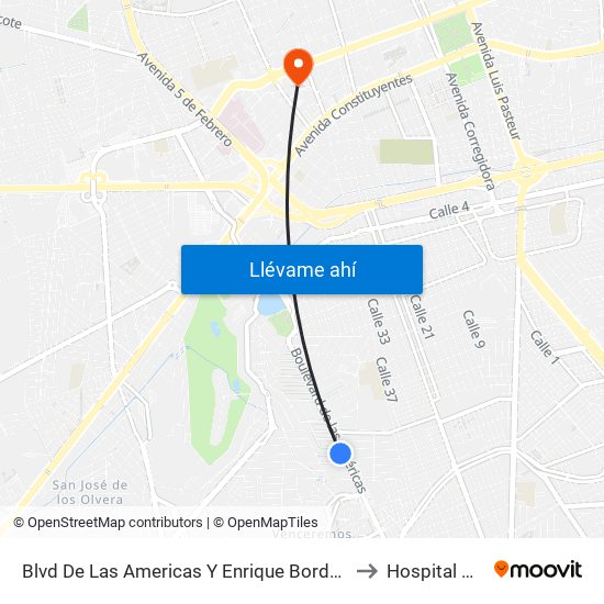 Blvd De Las Americas Y Enrique Bordes to Hospital H+ map