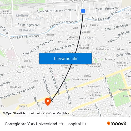 Corregidora Y Av.Universidad to Hospital H+ map