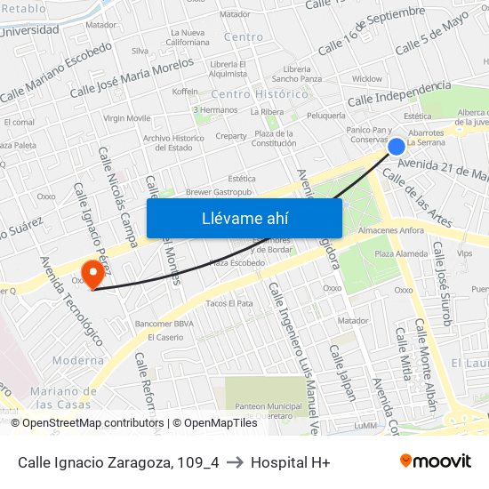 Calle Ignacio Zaragoza, 109_4 to Hospital H+ map