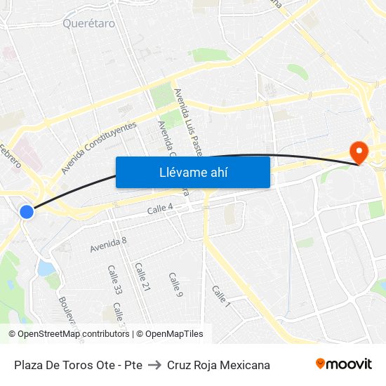 Plaza De Toros Ote - Pte to Cruz Roja Mexicana map