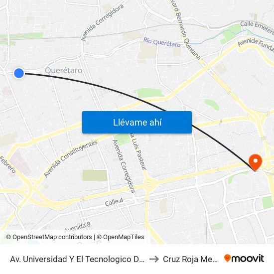 Av. Universidad Y El Tecnologico De Queretaro to Cruz Roja Mexicana map