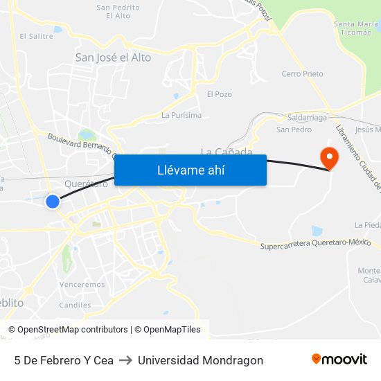 5 De Febrero Y Cea to Universidad Mondragon map