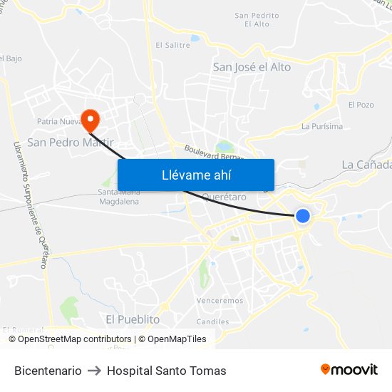 Bicentenario to Hospital Santo Tomas map