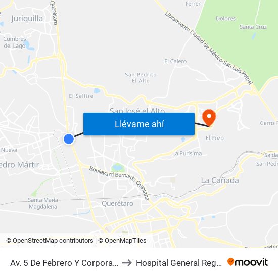 Av. 5 De Febrero Y Corporativo Santander to Hospital General Regional Imss II map