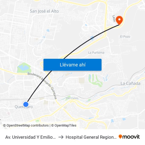 Av. Universidad Y Emilio Carranza to Hospital General Regional Imss II map