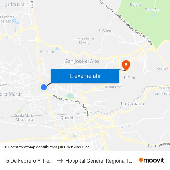 5 De Febrero Y Tremec to Hospital General Regional Imss II map