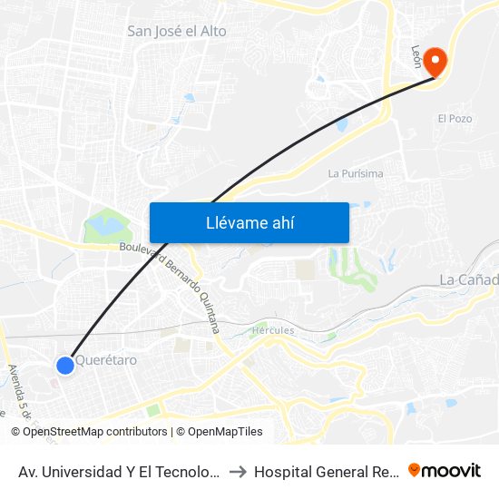 Av. Universidad Y El Tecnologico De Queretaro to Hospital General Regional Imss II map