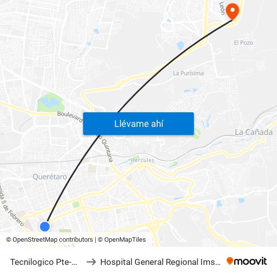 Tecnilogico Pte-Ote to Hospital General Regional Imss II map