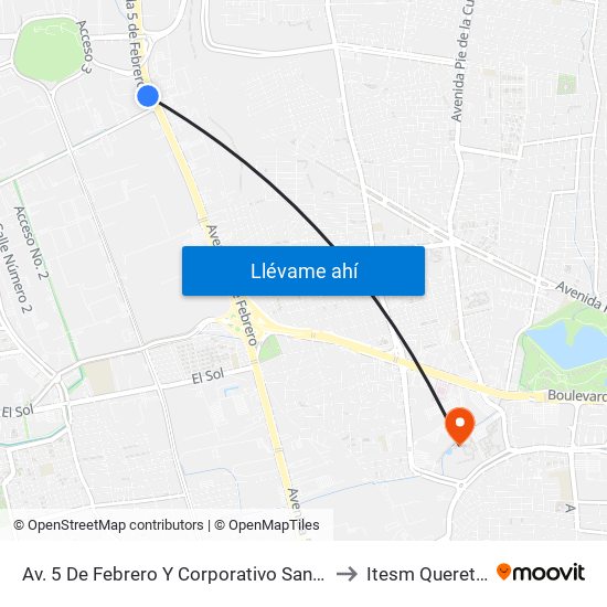 Av. 5 De Febrero Y Corporativo Santander to Itesm Queretaro map