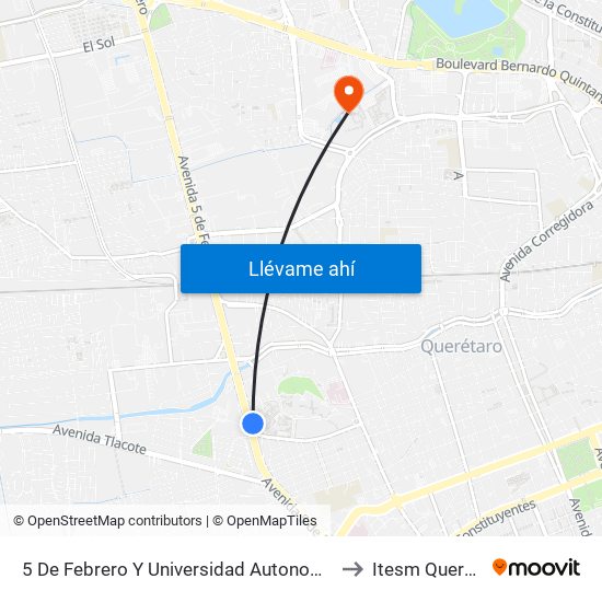 5 De Febrero Y Universidad Autonoma De Qro. to Itesm Queretaro map