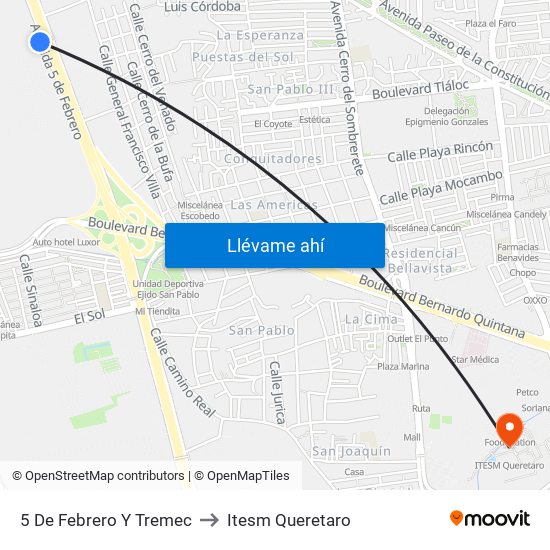 5 De Febrero Y Tremec to Itesm Queretaro map