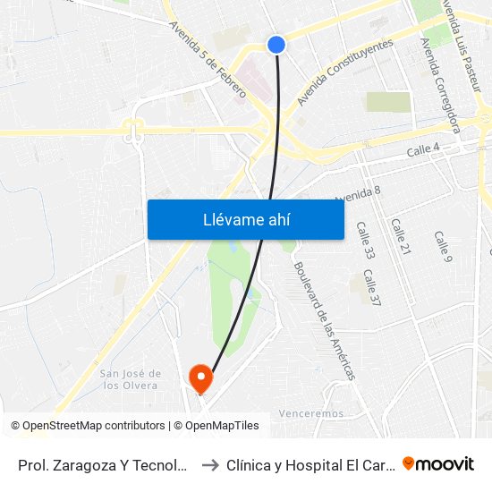 Prol. Zaragoza Y Tecnologico to Clínica y Hospital El Carmen map