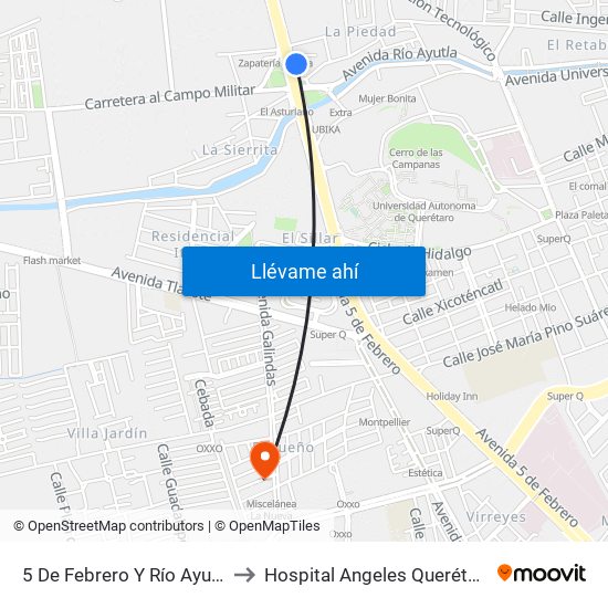 5 De Febrero Y Río Ayutla to Hospital Angeles Querétaro map