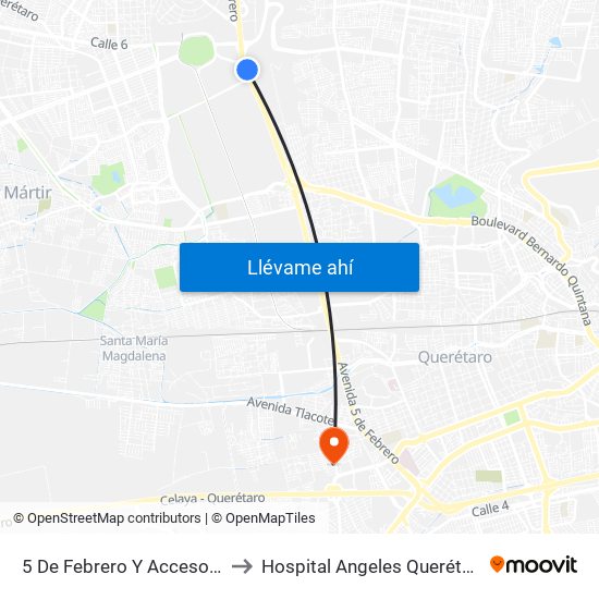 5 De Febrero Y Acceso IV to Hospital Angeles Querétaro map