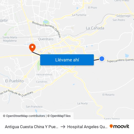 Antigua Cuesta China Y Puente Conin to Hospital Angeles Querétaro map