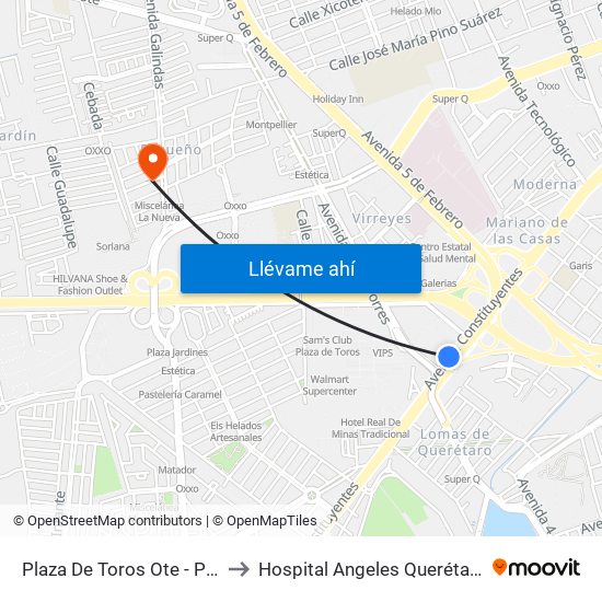 Plaza De Toros Ote - Pte to Hospital Angeles Querétaro map
