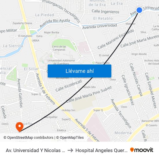 Av. Universidad Y Nicolas Bravo to Hospital Angeles Querétaro map