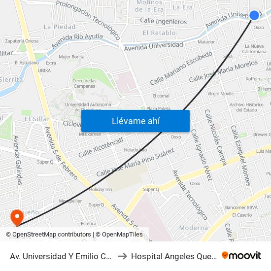 Av. Universidad Y Emilio Carranza to Hospital Angeles Querétaro map