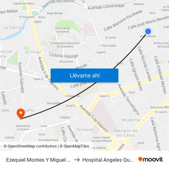 Ezequiel Montes Y Miguel Hidalgo to Hospital Angeles Querétaro map