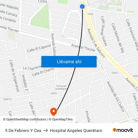 5 De Febrero Y Cea to Hospital Angeles Querétaro map