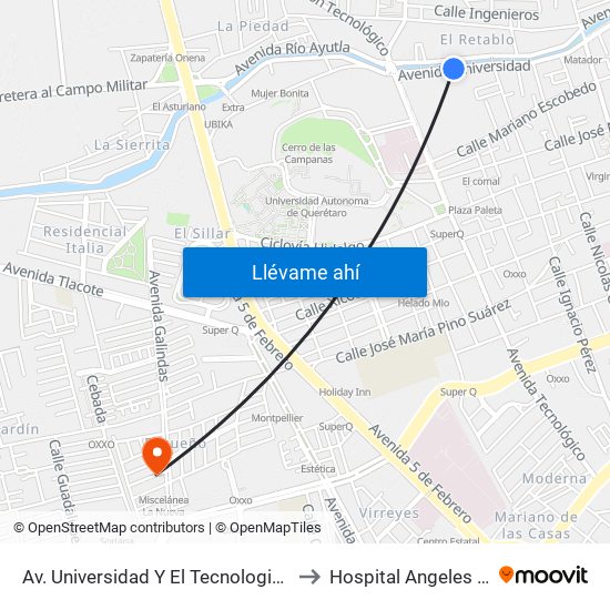 Av. Universidad Y El Tecnologico De Queretaro to Hospital Angeles Querétaro map